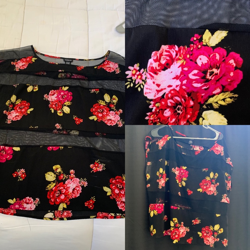 Black Floral and Sheer Top